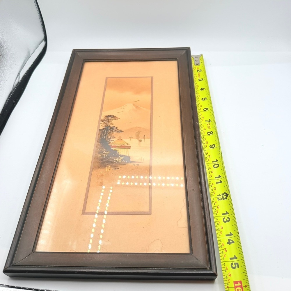 Vintage Japanese Landscape Art Framed Mount Fuji 1922 Brown Gold Fair 15x8 - Picture 9 of 14